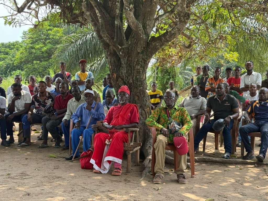 Customary chiefs and residents seated under a large tree during a village meeting